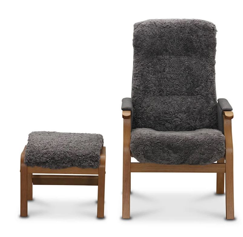 Bergen fåtölj & pall fårskinn grå