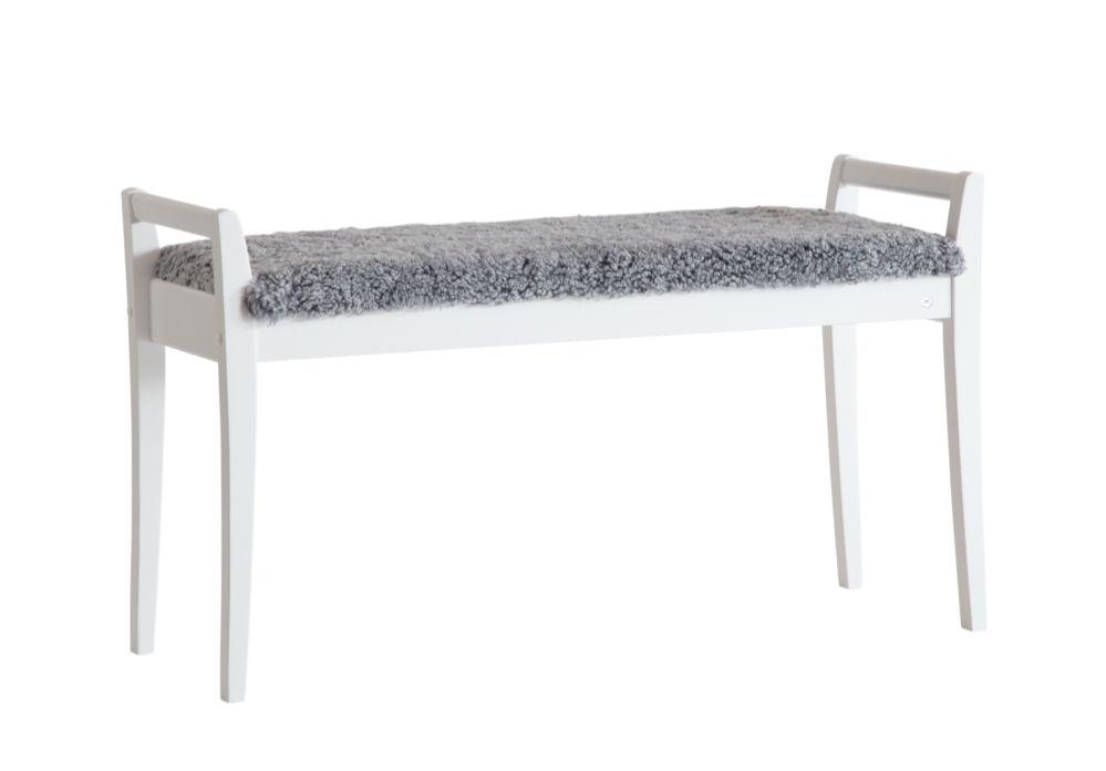 Meja Bänk, Vitlackad Björk / Fårskinn Ljusgrå