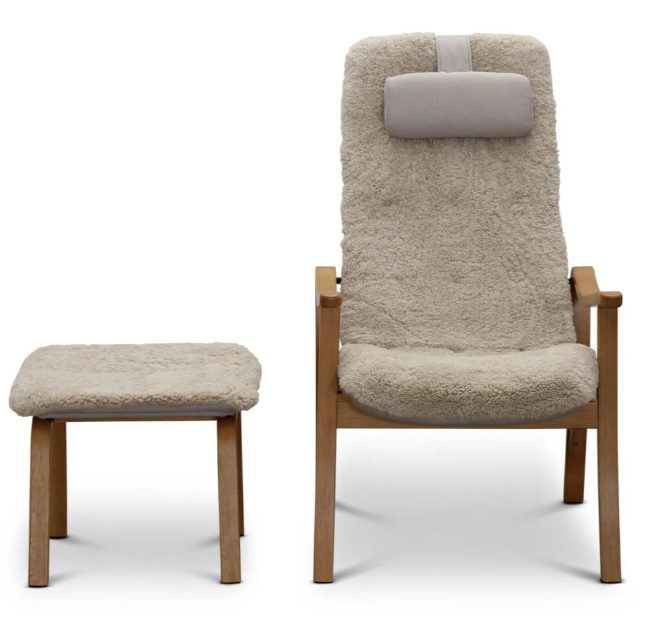 Gotland fåtölj & pall fårskinn Moonlight, ekben